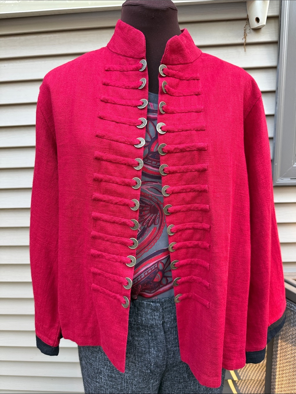 PEACOCK WAYS Art to Wear Military Linen Jacket Coin Detail Size L